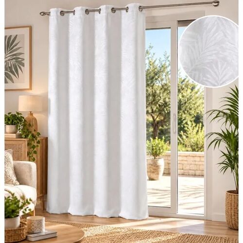 Rideau Occultant Effet Velours Motif Feuilles Tropicales 140x240cm Blanc