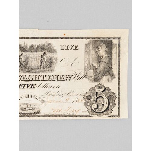 [ Bank Of Washtenaw Banknote : ] The Bank Of Washtenaw Will Pay On Demand Five Dollars To ...Or Bearer At Their Banking House In Ann Arbor. Michigan
