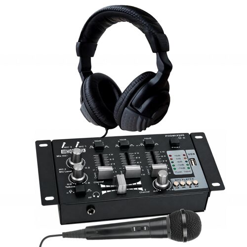 HQ Power PROMIX50U Table de mixage MP3 stéréo 2 canaux, 2 entrées micro et 1 entrée USB, Sono DJ, Casque et Microphone