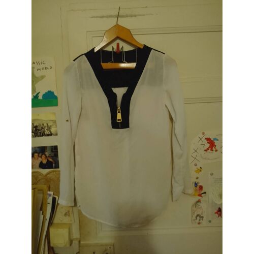Top Blanc Translucide Col Noir Zippé 36 S Made In Italy.